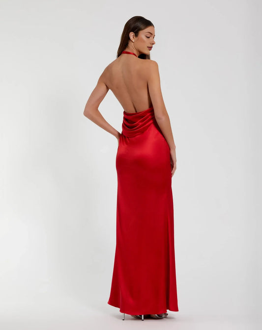 Dress Red Satin Halter Style Evening Gown With Plunging Neckline And 3D Flower Capturing Timeless Sophistication Prom Dress