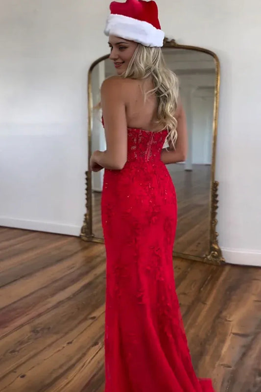 Dress Red Sleevelsss Mermaid Deep V-Neck Lace Prom Dress With Appliques Split