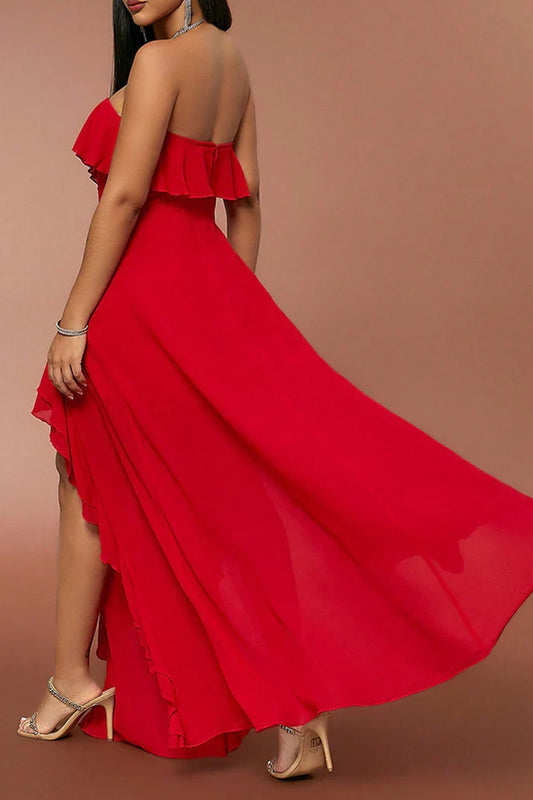 Dress Red Strapless A Line Party Dress Maxi Dress With Ruffles Prom Dress