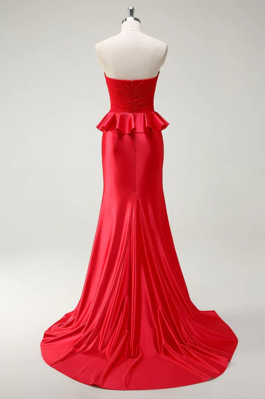 Dress Red Sweetheart Mermaid Ruffles Maxi Dress Prom Dress With Slit Evening Dress