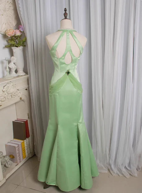 Dress Retro Light Green Water Drop Beaded Deep V Backless Mermaid Satin Prom Dress