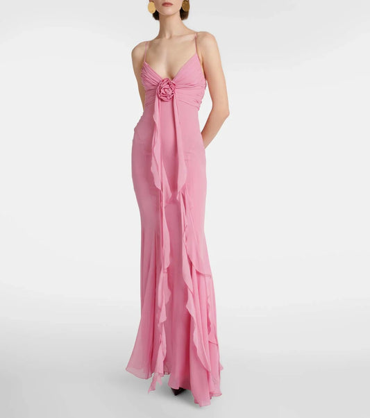 Dress Retro Sheath Spaghetti Straps Pink Chiffon Long Party Dress Prom Dresses