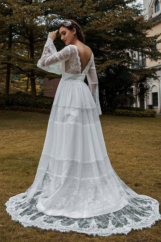 Dress Romantic Long Sleeves Deep V Neck Lace Boho Wedding Dress A-line V Back Bride Dress