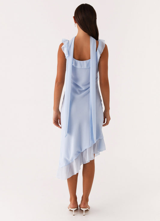 Dress Round Neck Tea-Length Dress Sleeveless Blue Chiffon Backless Asymmetrical Hem Prom Dress With Flowers Embellishment