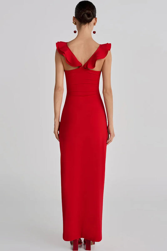 Dress Ruffled Sleeveless V Neck 3D Flower Decor Slim Fit Maxi Prom Dresses Red