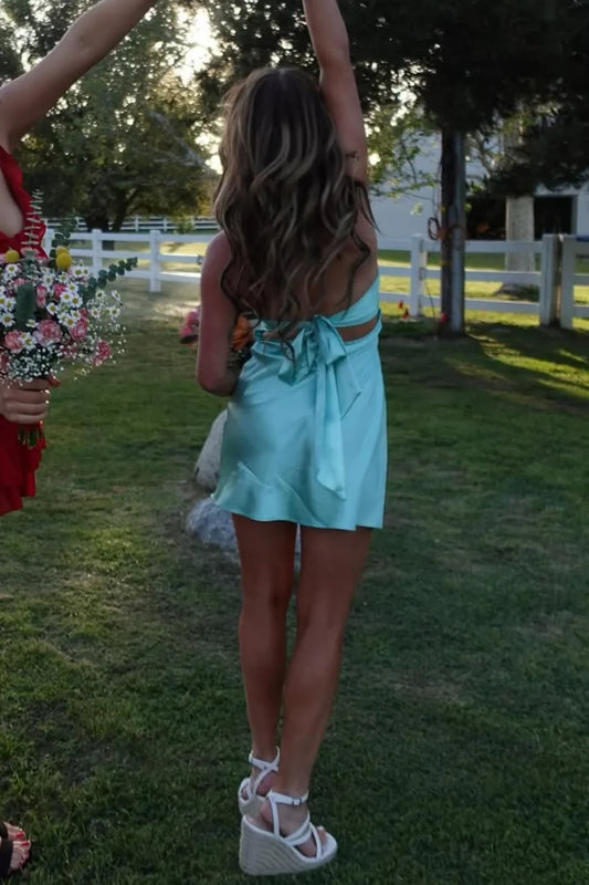 Dress Satin Sweetheart Aqua Open Back Chest Sleeveless Homecoming Dress