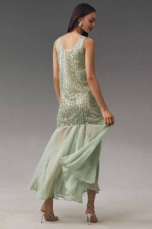 Dress Sequin U Neck Chiffon Maxi Dress Sage Sleeveless Straight Tube Prom Dress