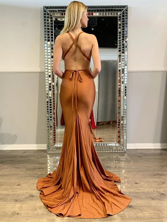 Dress Sexy Long Mermaid V-neck Satin Open Back Graduation Formal Prom Dresses