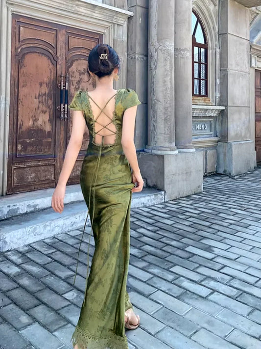 Dress Sexy Mermaid V Neckline Short Sleeves Lace Green Floor Length Evening Dress Prom Dresses