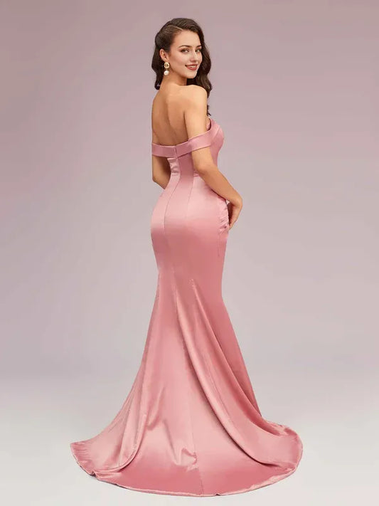 Dress Sexy Off Shoulder Mermaid Long Satin Formal Pleated Sweep Brush Train Prom Dresses