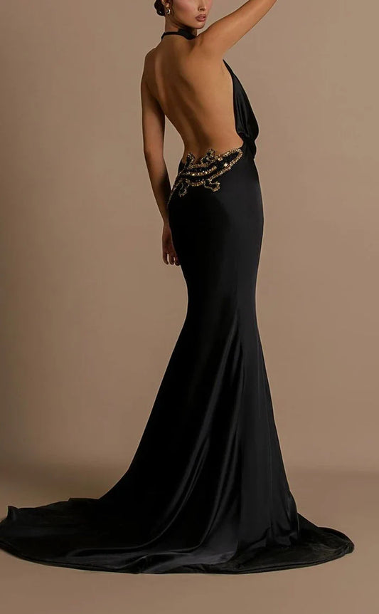 Dress Sexy Satin Trumpt Halter Empire Open Back Beaded Appliques With Train Party Evening Dress Prom Dress