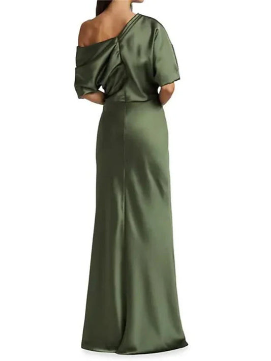 Dress Sheath Mother of the Bride Dress Wedding Guest Formal Elegant Off Shoulder Sweep / Brush Train Satin Half Sleeve With Ruching Evening Dress