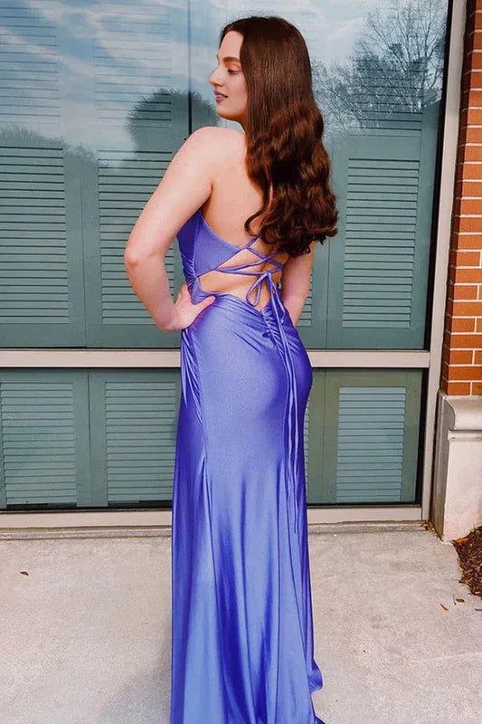 Dress Sheath Spaghetti Straps Corset Back Purple Prom Dress With Split