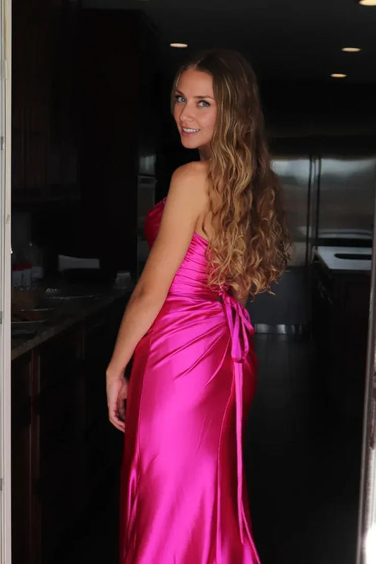 Dress Sheath Strapless Fuchsia Floor Length Satin Long Prom Dress With Side Slit