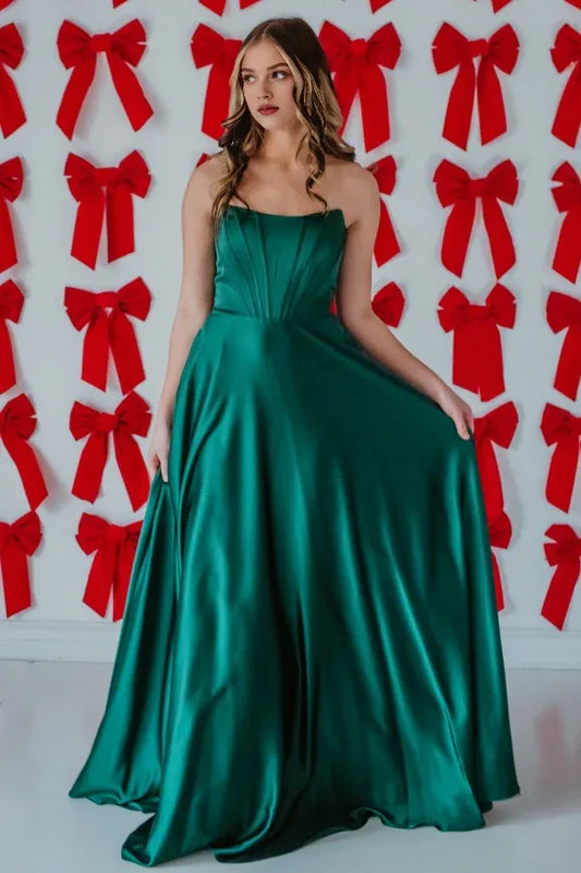 Dress Simple A-Line Boat Neck Sleeveless Pleated Lace Up Floor Length Dark Green Satin Prom Dress Evening Party Dress Bridesmaid Dress