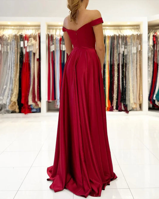 Dress Simple A-line Off-the-shoulder Satin Long Prom Dress with Slit