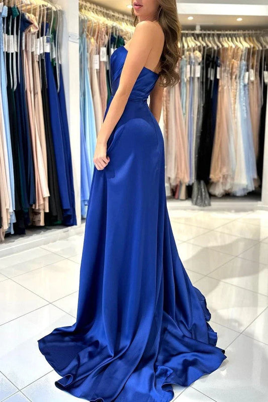 Dress Simple A-line Royal Blue Sleeveless Sweetheart Party Dress Split Satin Long Prom Dress