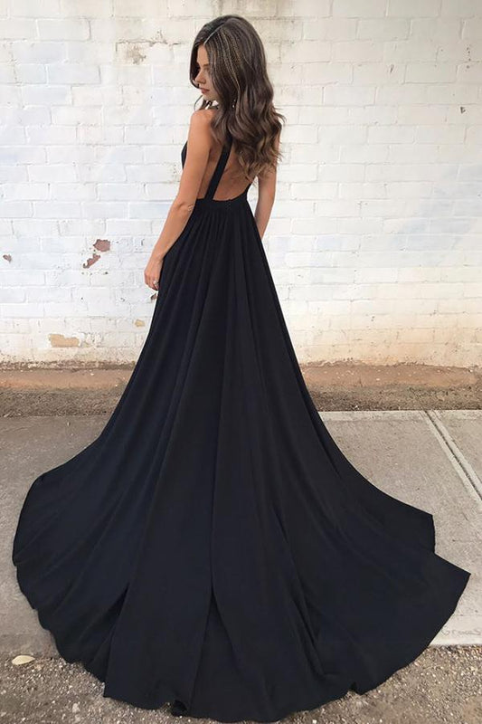 Dress Simple Black Chiffon Backless Deep V Neck A line Long Prom Dress