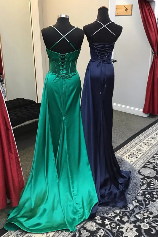 Dress Simple Emerald Green Beaded Spaghetti Straps Long Dress Prom Dress