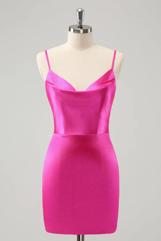 Dress Simple Hot Pink Cowl Neck Backless Tight Short Homecoming Dress Sleeveless Party Dress