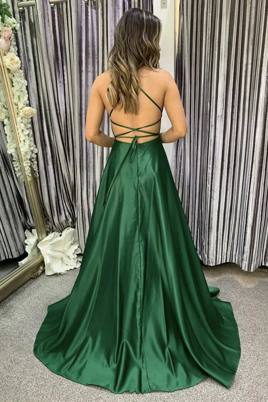 Dress Simple Long A-line Satin Open Back Graduation Prom Dresses with Slit