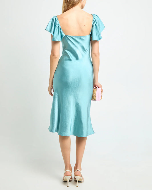 Dress Simple Mermaid Tea-Length Flutter Sleeve Party Dresses Sweetheart Neck Satin Pleated Open Back Evening Dress