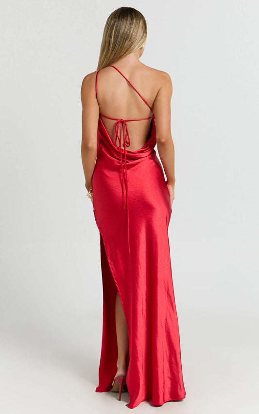 Dress Simple Satin One Shoulder Cowl Back Bias Cut Maxi Dress Solid Color Red Sleeveless Backless Party Evening Dress