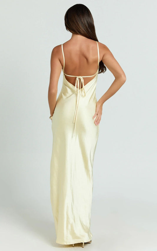 Dress Simple Satin Scoop Neck Low Tie Back Slip Maxi Dress Lemon Square Neck Column Solid Color Evening Dress