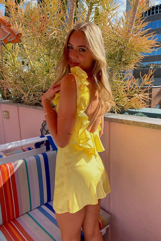Dress Sleeveless Ruffles V Neck Short Party Dress Satin Open Back Homecoming Dress