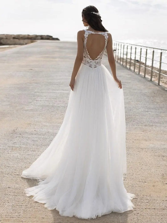 Dress Sleeveless V-Neck Lace Applique Wedding Dress A-line With Hight Slit Bride Dress