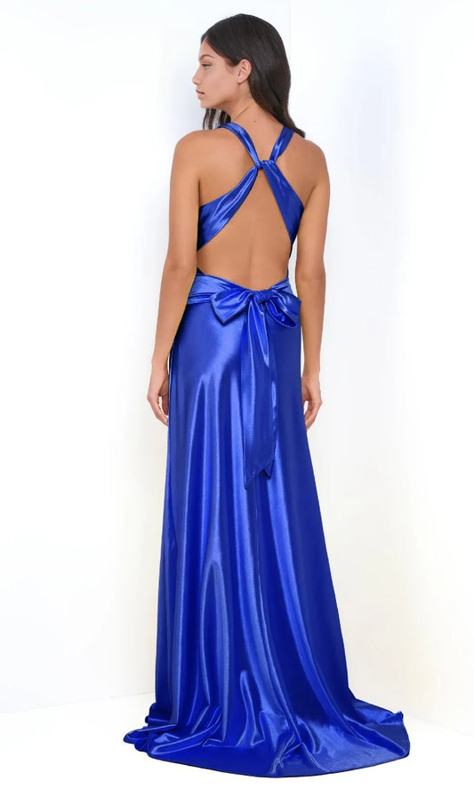 Dress Sleeveless V Neck Open Back Royal Blue Satin Sweep/Brush Train Long Prom Dress