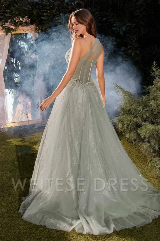 Dress Sophisticated Light Green Tulle Dress One Shoulder Neckline Beaded Embellishments High Slit Capturing Magical Grace Prom Dress
