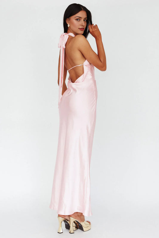 Dress Sophisticated Pale Pink Satin Maxi Dress Featuring Halter Neck Open Back Design And Bow Accent Prom Dress
