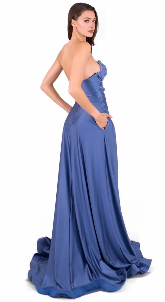 Dress Sophisticated Slate Blue Satin Dress Strapless Draped Detail High Slit Capturing Timeless Grace Prom Dress