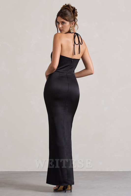 Dress Spaghetti Straps Black Satin Cowl-Neck Twisted Split Maxi Dress Bridesmaid Dress Sleeveless Floor Length Prom Dress