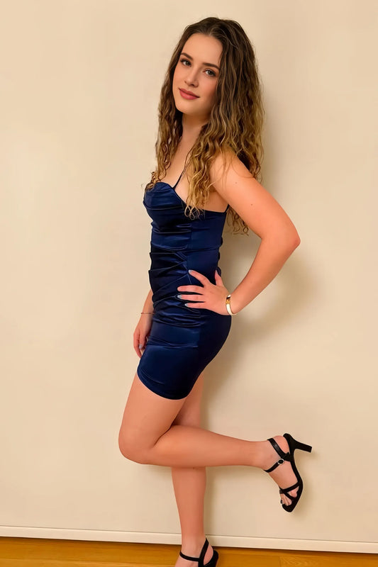 Dress Spaghetti Straps Blue Mini Dresses Tight Party Dresses Lace Up Homecoming Dress