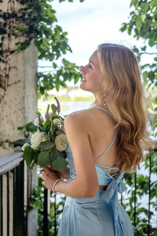 Dress Spaghetti Straps Blue Ruched Soft Satin A-line Party Dress Sleeveless Prom Dress
