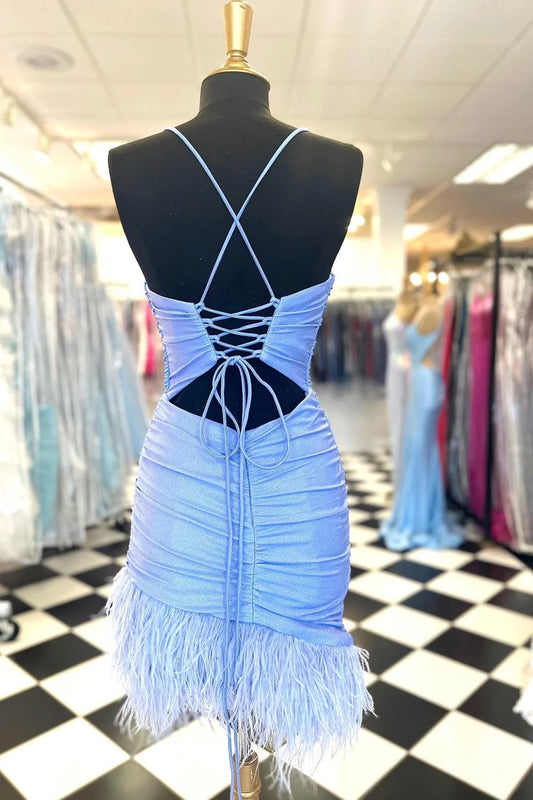 Dress Spaghetti Straps Blue Tight Mini Dress With Feathers Sleeveless Homecoming Dress
