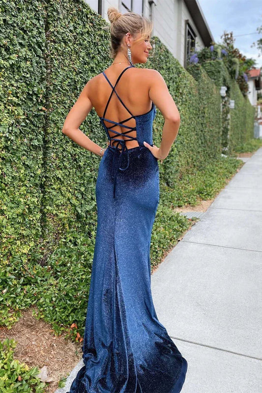 Dress Spaghetti Straps Charming Mermaid Navy Blue Corset Long Formal Prom Dress with Slit