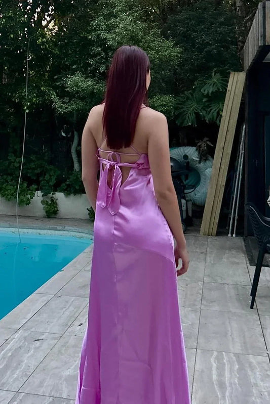Dress Spaghetti Straps Lilac Satin Sleeveless Party Dress With Slit Maxi Dress Prom Dress