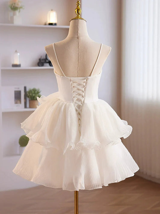 Dress Spaghetti Straps White Ruffles Layered A-line Short Dress Lace-Up Back Homecoming Dress