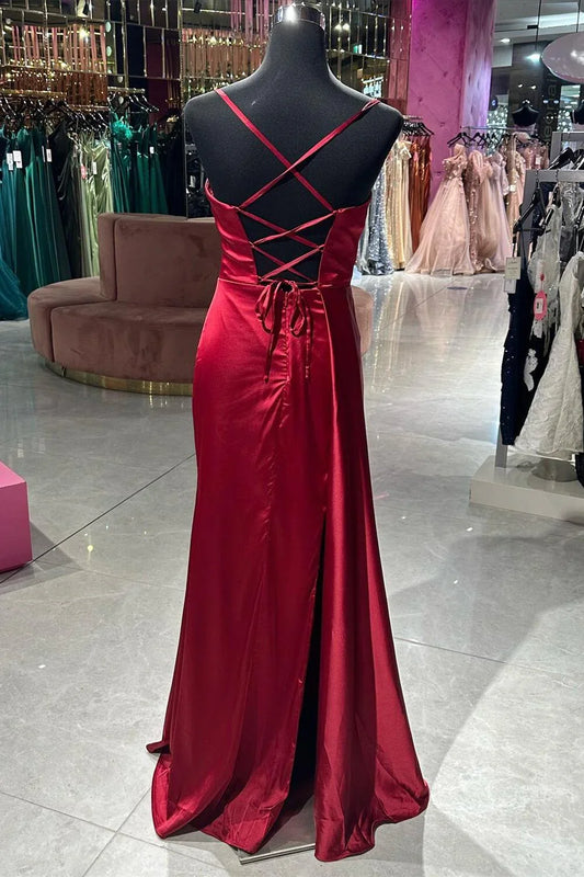 Dress Spaghetti Straps Wine Red Satin Cowl Neck Dress Lace-up Back Maxi Dress Prom Dress