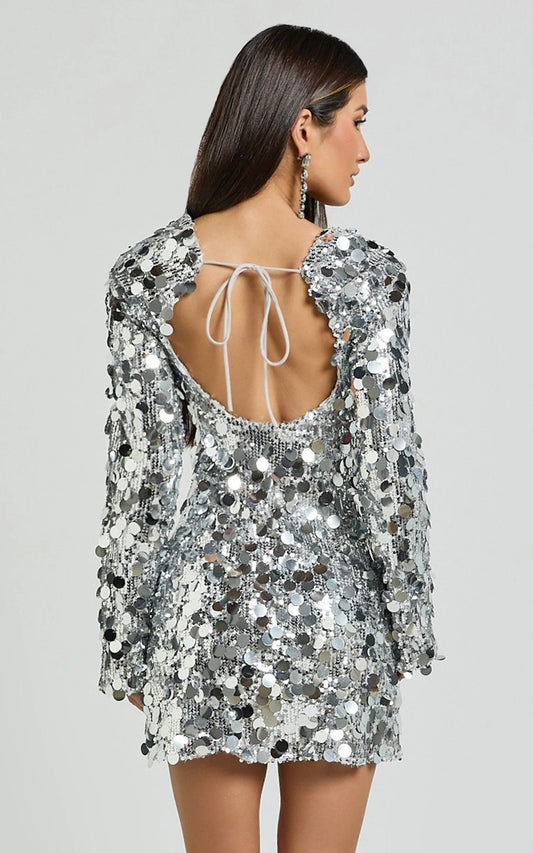 Dress Sparkle & Shine Long Sleeve Sequin Mini Dress Silver Square Neck A-Line Backless Homecoming Dress