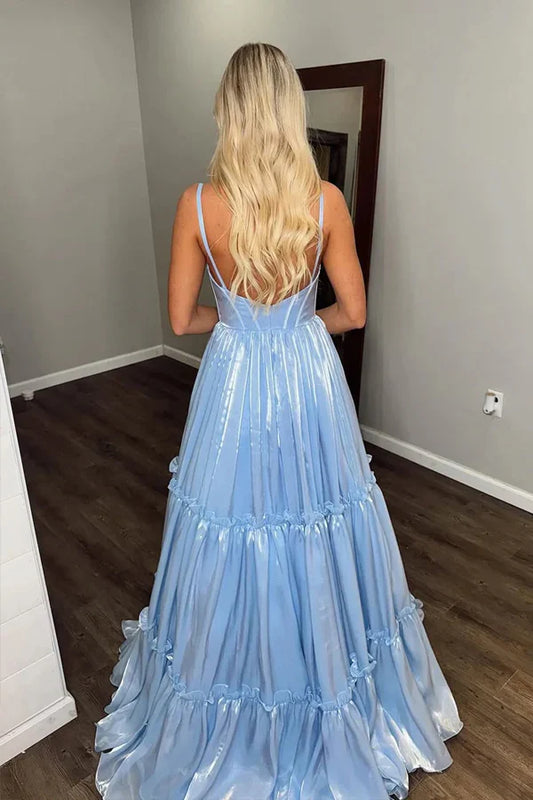 Dress Sparkly A Line V Neck Glitter Light Blue Long Prom Dress