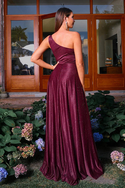 Dress Sparkly Burgunde One Shoulder A Line Maxi Dress Prom Dress With Ruched Evening Dress