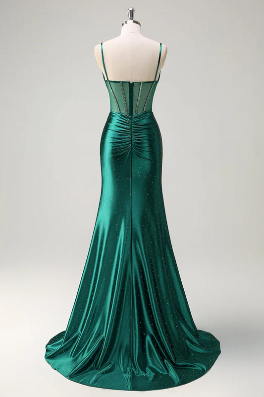 Dress Sparkly Dark Green Mermaid Spaghetti Straps Corset Beaded Maxi Dress Prom Dress Formal Dress With Slit Evening Dress