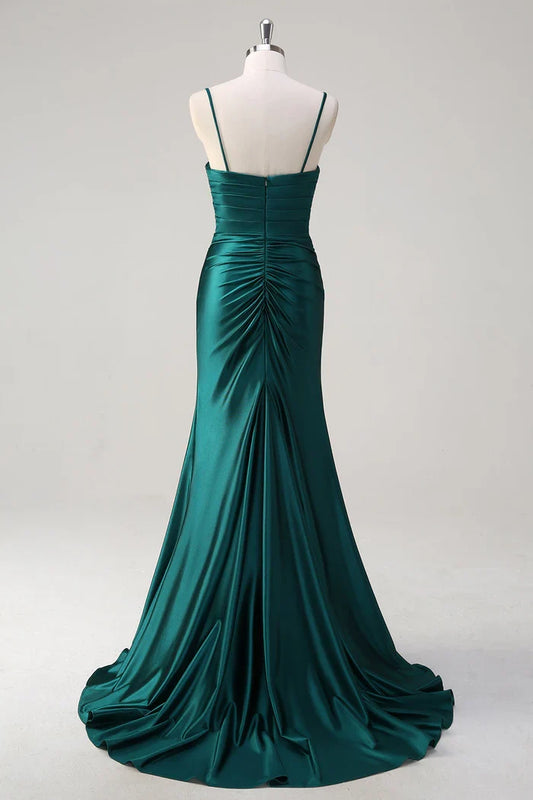 Dress Sparkly Dark Green Mermaid Spaghetti Straps Maxi Dress Prom Dress Formal Dress With Slit Evening Dress