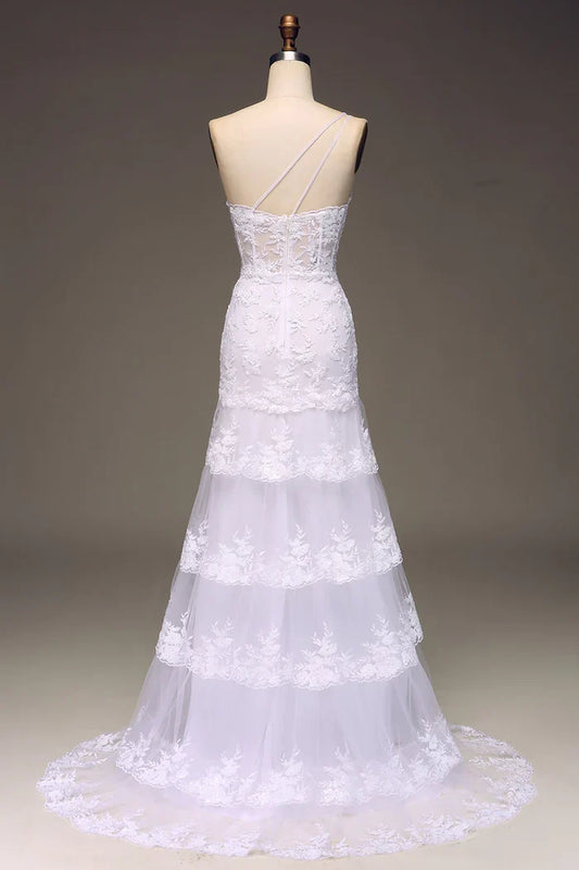 Dress Sparkly Dark Navy Sweep/Brush Train Tiered Lace One Shoulder Long Party Dress With Slit Prom Dress