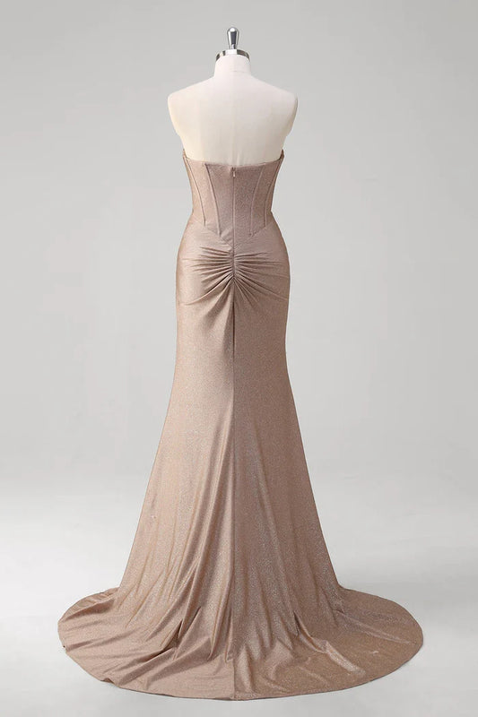 Dress Sparkly Khaki Mermaid Sweetheart Satin Maxi Dress Prom Dress Sleeveless Sweep Brush Train Evening Dress