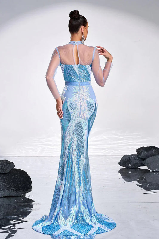 Dress Sparkly Ligth Blue Mermaid Printed Illusion Sleeves Maxi Dress Prom Dress Sweep Brush Train Evening Dress